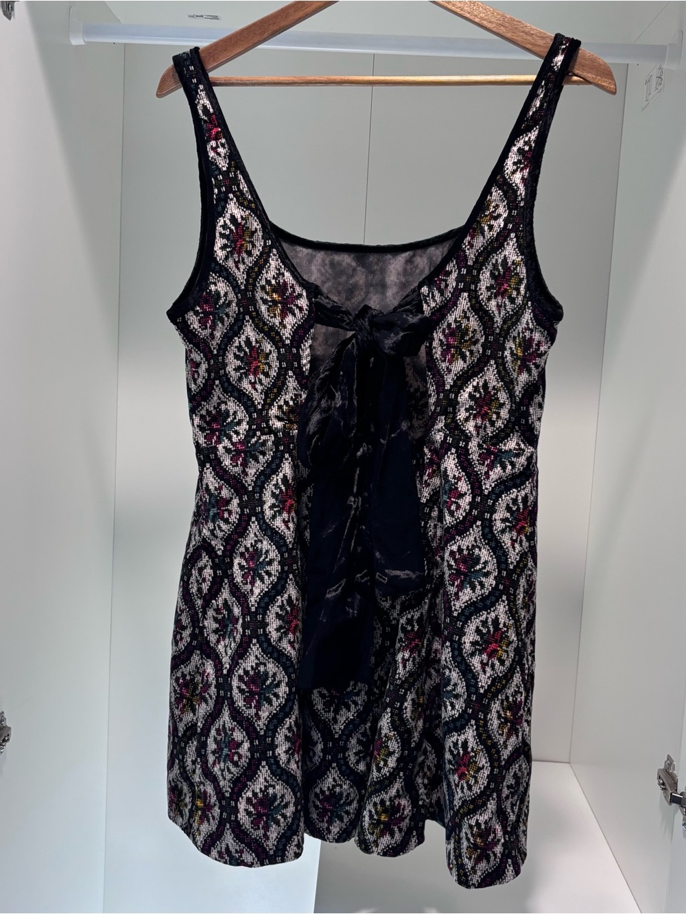 Free People Petal Tapestry Mini Dress Black Multicolor Print Cotton Women's L - Picture 7 of 11